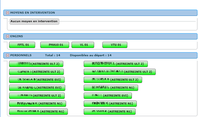 interface graphique exposant les pompiers et les véhicules disponibles